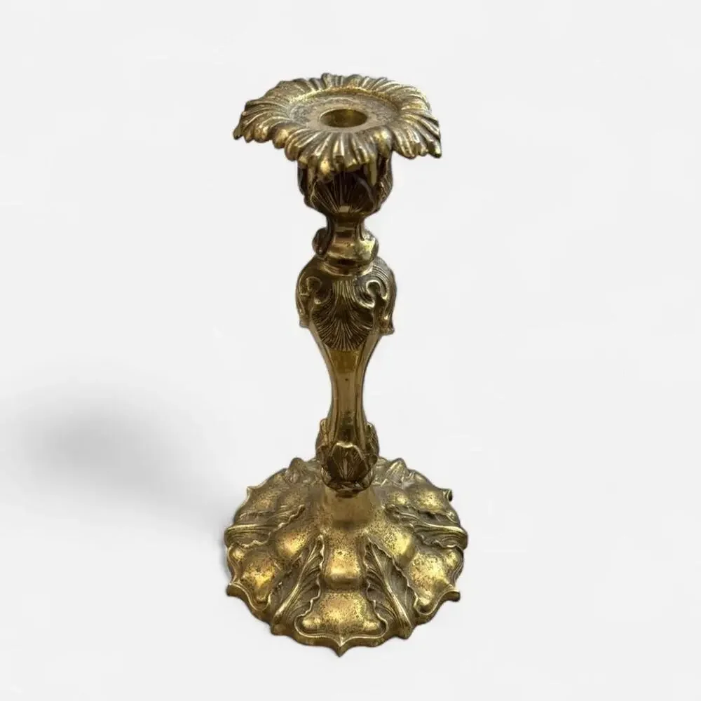 Vintage French Brass Heavy Weight Candlestick w Ornate Floral & Leaf Design